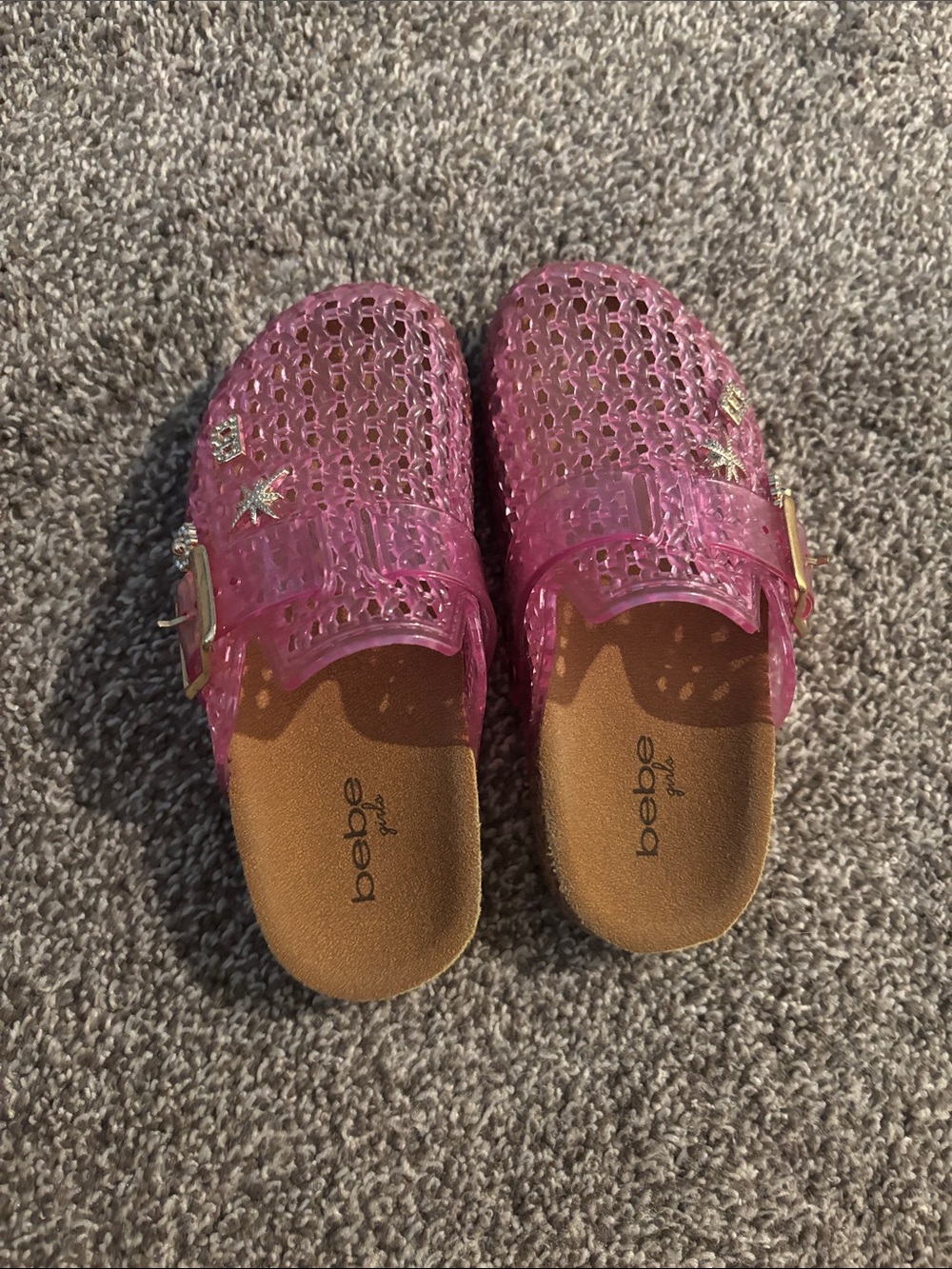 bebe Pink Jelly Buckle Slide Sandals with Star Accents